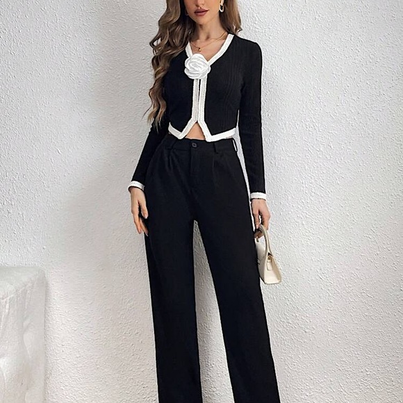 BLOOMING CAMELLIA Black + White Contrast Mock Flower Cardigan Top XS S M L - Picture 5 of 6